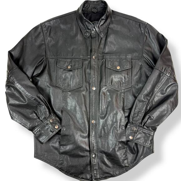 Vintage LEATHER KING Men's black genuine leather button down jacket shirt SMALL - Picture 15 of 15